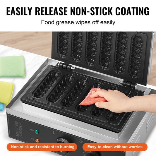 6PCS Commercial Waffle Stick Maker Waffle Baker Hot Dog Waffle Iron 1500W