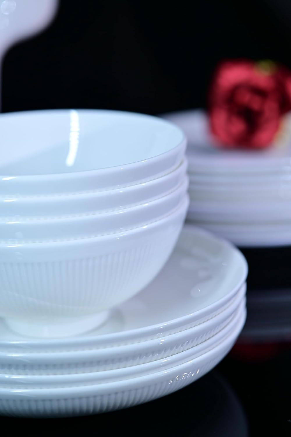 Dandilion Bone China Dinnerware Set, 16 Pieces, Service For 4, Plates, Dishes, Bowls Set, Microwave And Dishwasher Safe, Ivory White With Radial Lines