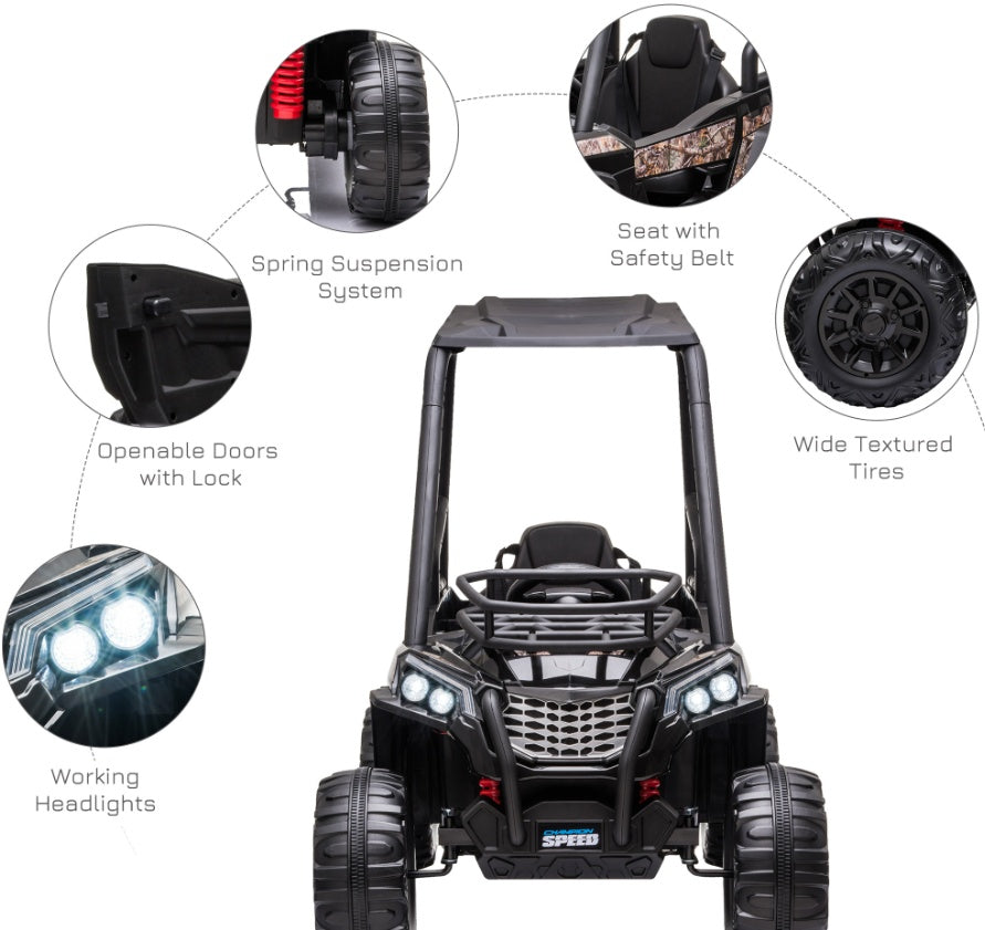 12V Kids Off-Road UTV Electric Ride On Car Black Camouflage High Roof Remote Control Lights MP3 Adventure Toys