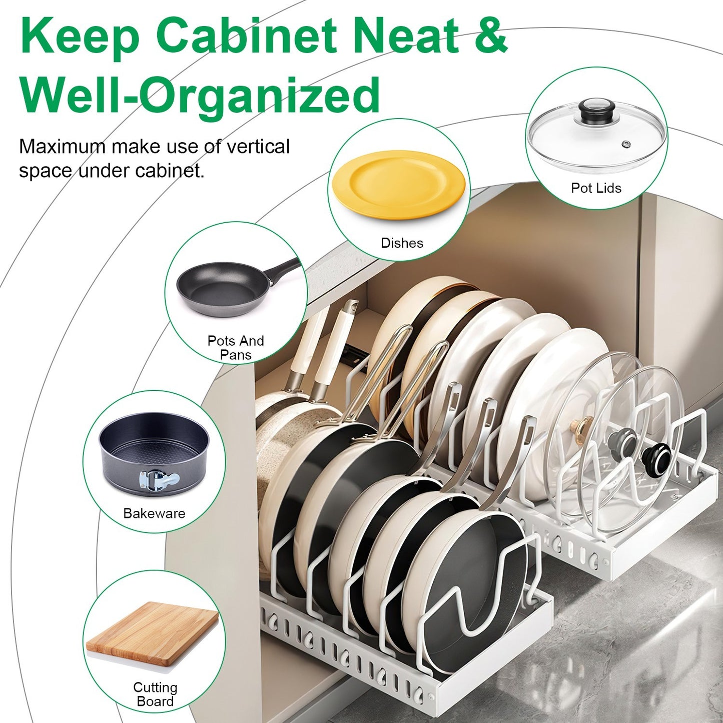 1Pc Pull Out Pots And Pans Organizer Under Cabinet With 8 Adjustable Dividers Rustproof Carbon Steel Sliding Pots Holder For Kitchen Cookware Bakeware Pots Lids Storage