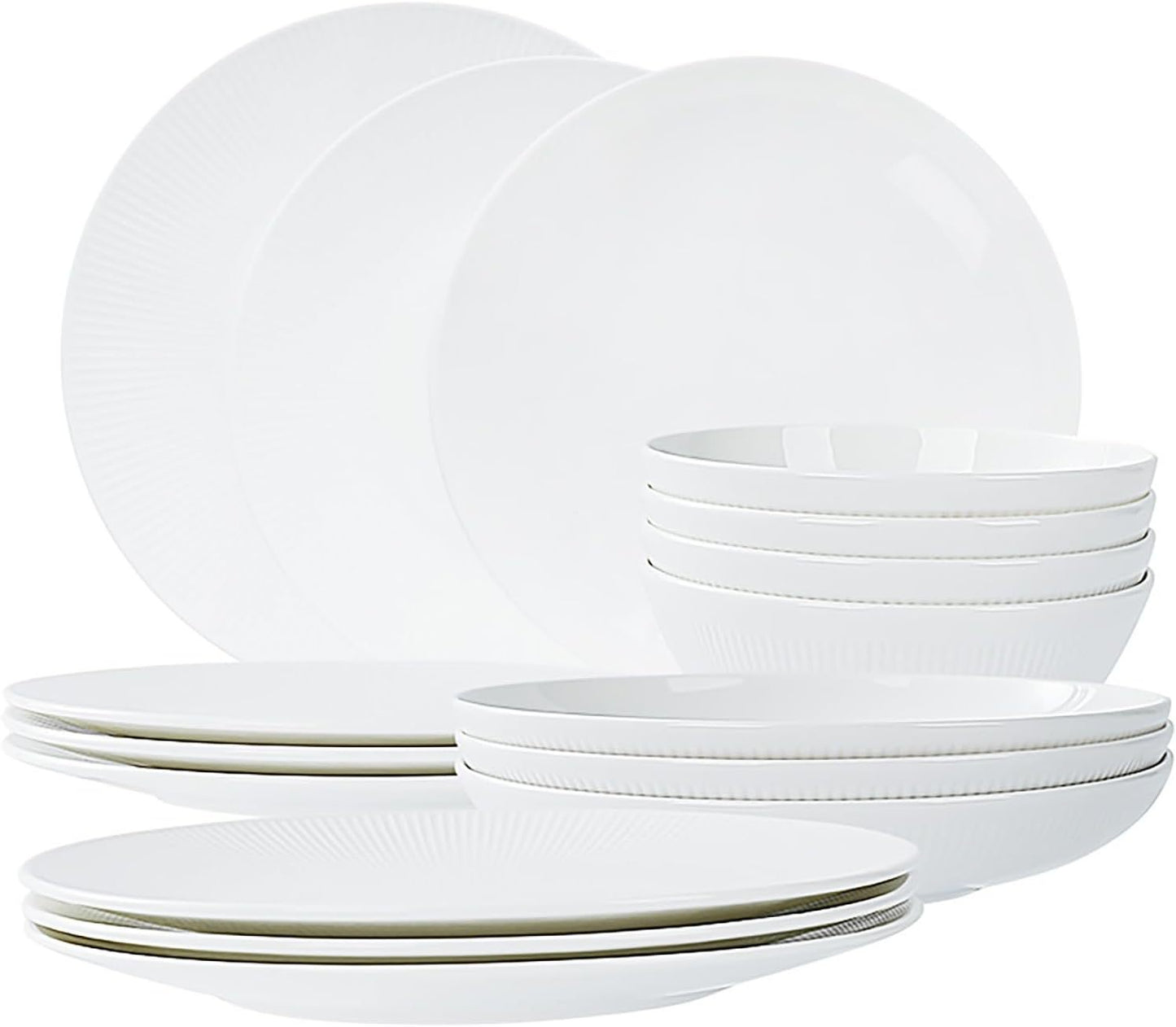 Dandilion Bone China Dinnerware Set, 16 Pieces, Service For 4, Plates, Dishes, Bowls Set, Microwave And Dishwasher Safe, Ivory White With Radial Lines