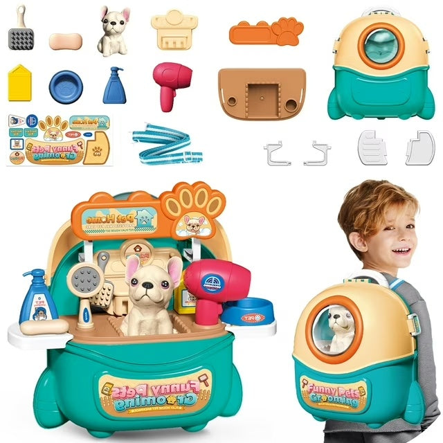 2025 Pet Care Play Set Doctor Kit For Kids, 16 Pcs Doctor Pretend Play Vet Dog Grooming Toys Puppy Dog Carrier Feeding Dog Backpack Gifts