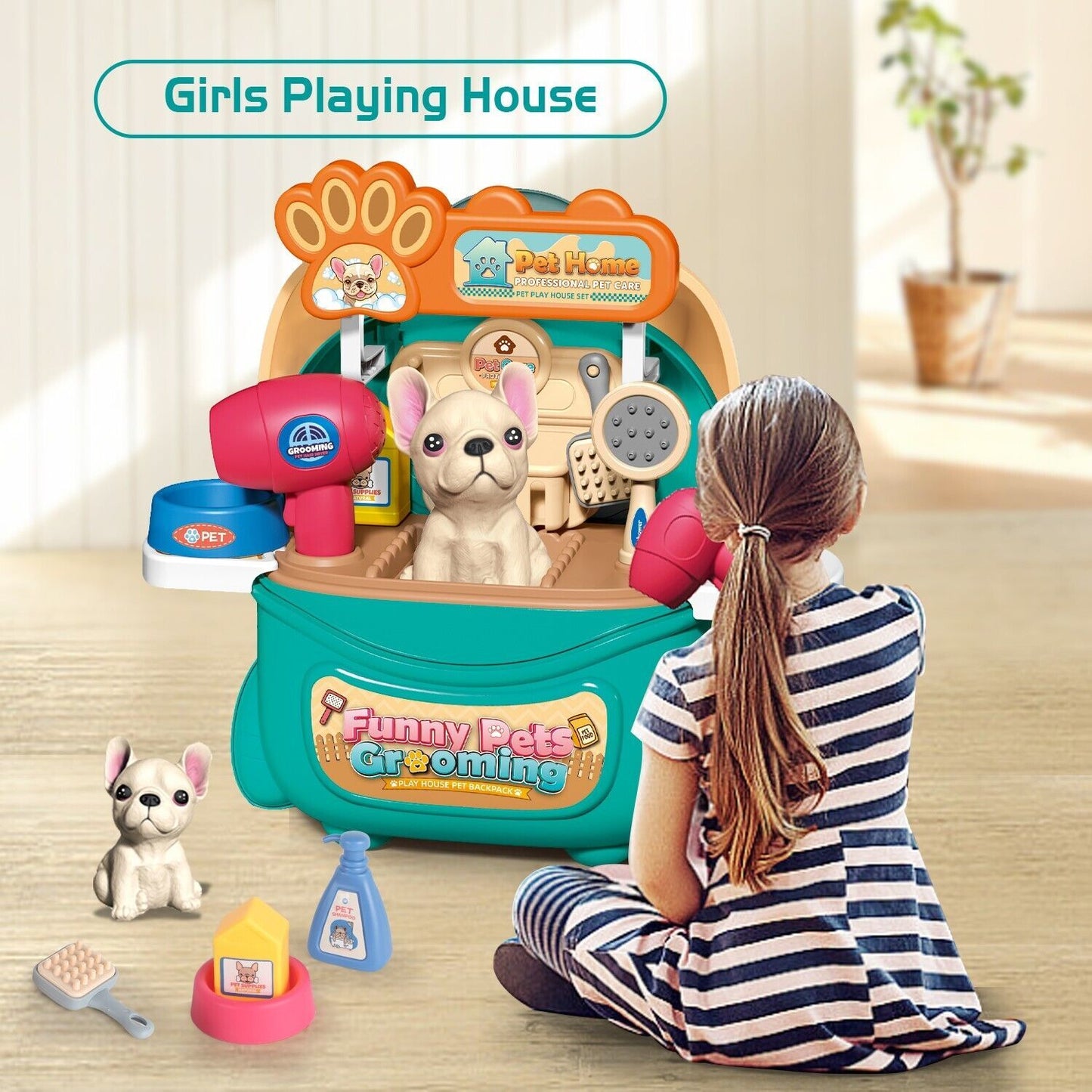 2025 Pet Care Play Set Doctor Kit For Kids, 16 Pcs Doctor Pretend Play Vet Dog Grooming Toys Puppy Dog Carrier Feeding Dog Backpack Gifts