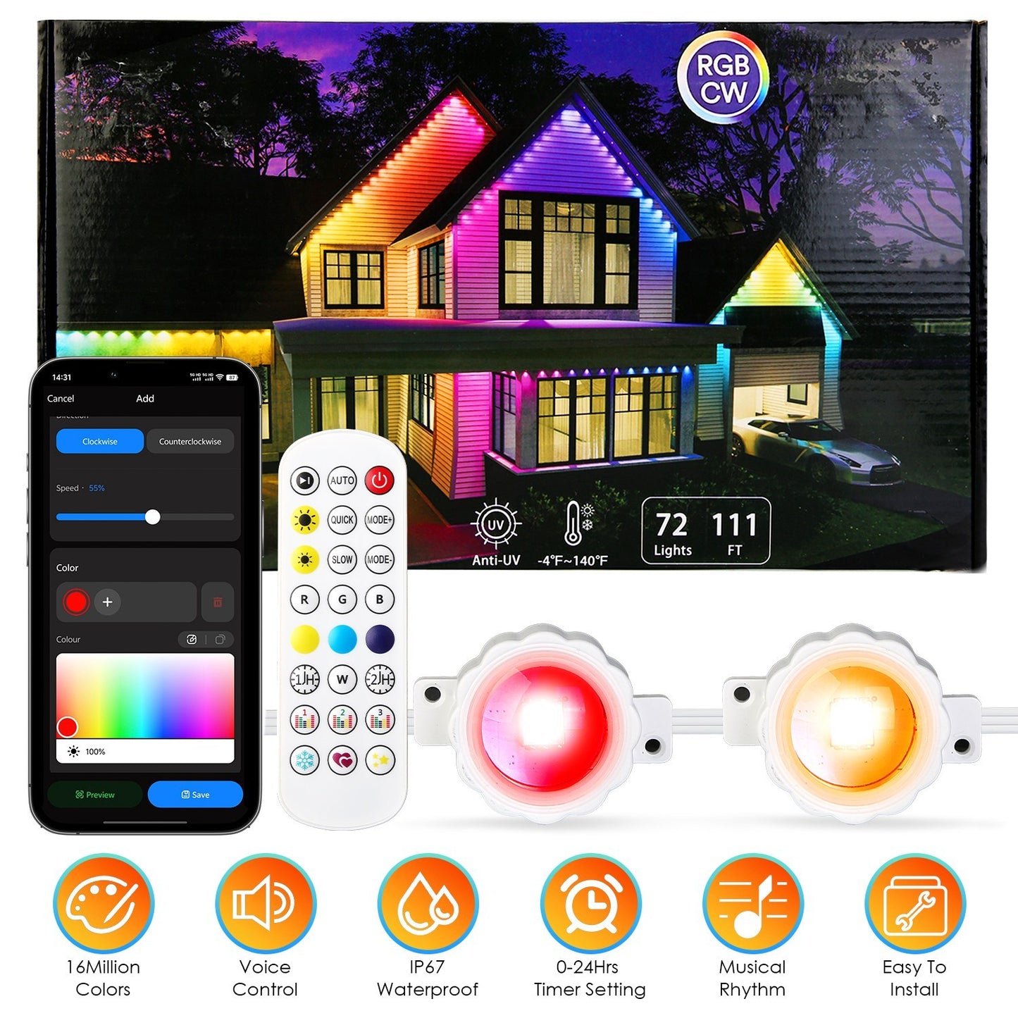 101FT Length Permanent Outdoor Lights With 72Pcs RGB Beads IP67 Waterproof Smart Eave Light For Halloween Christmas Daily House Lighting Works With Alexa Google Assistant