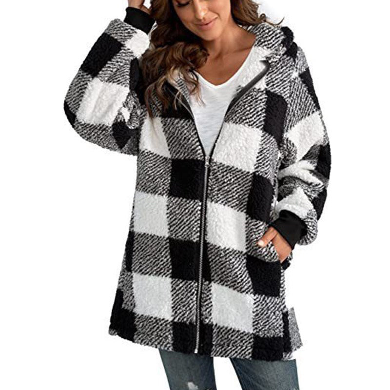 Women's Plaid Hooded Jacket, Long Sleeve Zip Up Oversized Coat With Pockets For Winter Casual And Commute