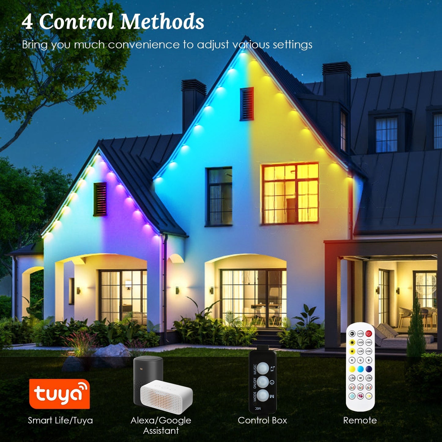 101FT Length Permanent Outdoor Lights With 72Pcs RGB Beads IP67 Waterproof Smart Eave Light For Halloween Christmas Daily House Lighting Works With Alexa Google Assistant