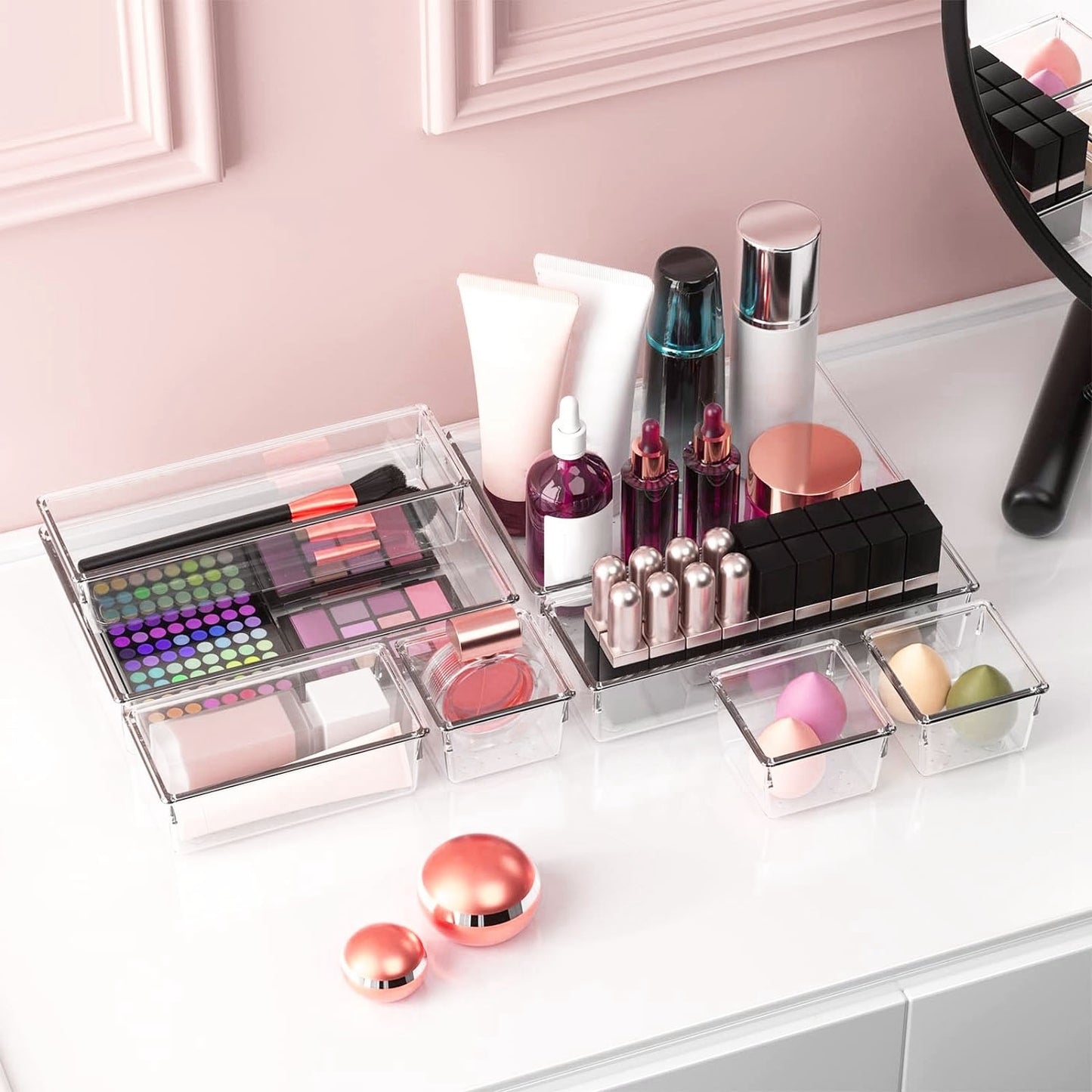 25Pcs Clear Plastic Drawer Organizers Set 4 Sizes Desk Drawer Dividers Trays Storage Bins For Vanity Cabinet Makeup Bathroom Office Kitchen Bedroom Jewelry