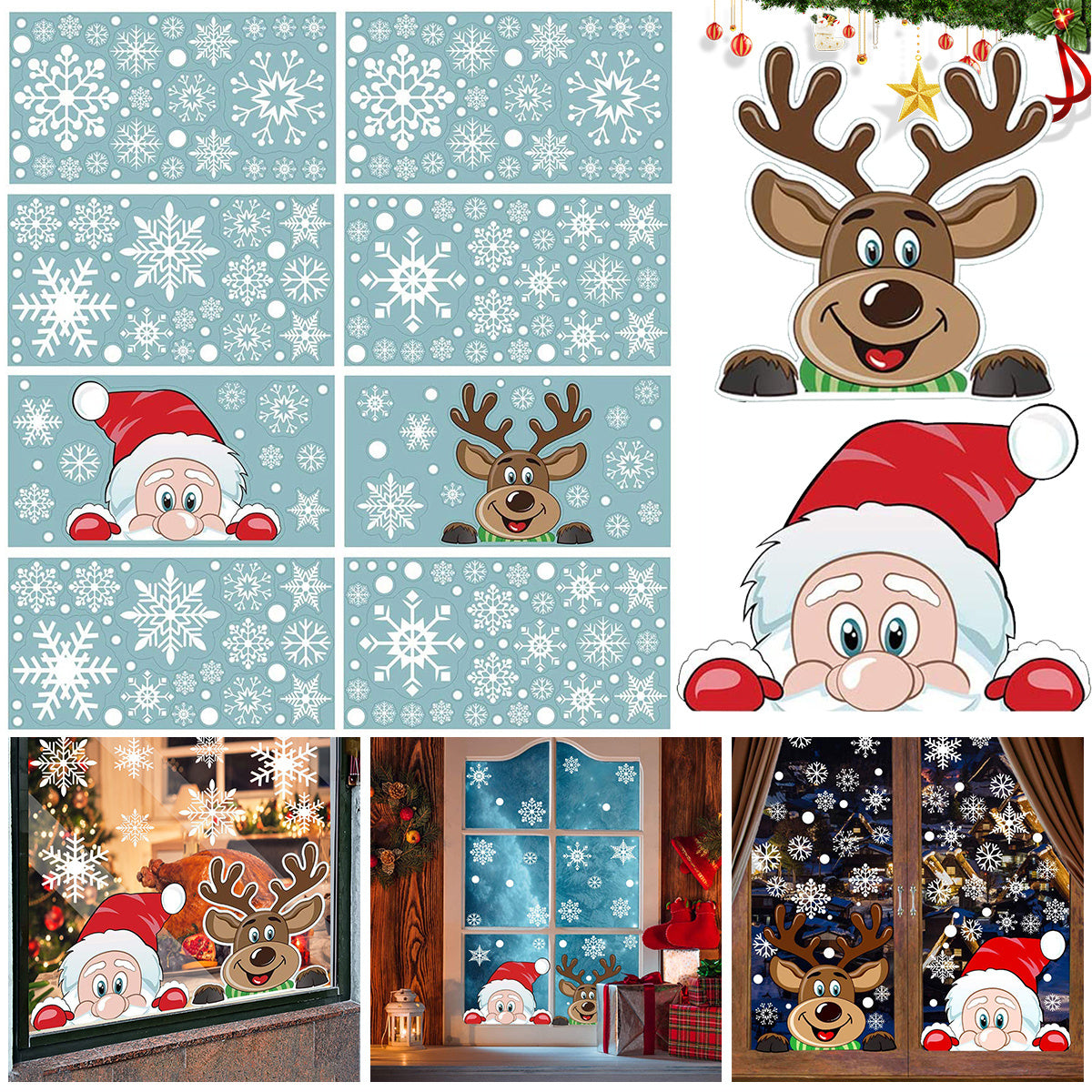 4Sheets Christmas Snowflake Window Clings Stickers For Glass Reusable Double Sided Self Adhesive Static Stickers Xmas Snowflake Reindeer Santa Window Decals Decorations Stickers For Christmas Window D