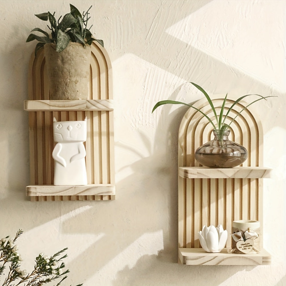 2 Wooden Double Wall Shelves - Simple Faux Wood Curved Shelves With Decorative Tops, Space-saving For Storing Plants, Books And Decorations - Versatile Wall-mounted Organizers For Your Living Room