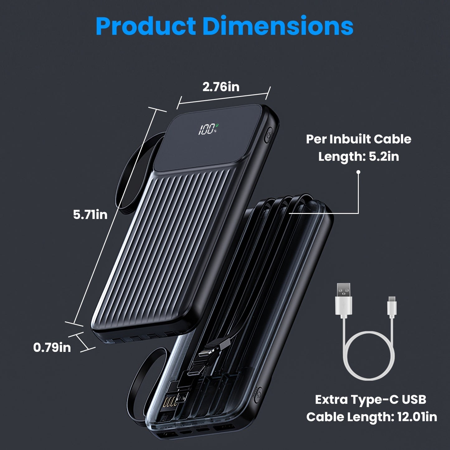 1Pc PD22W Fast Charger 20000mAh Fast Charging Power Bank Portable Charger With 4 Inbuilt Cables Digital Display Handle Fit For IOSPhone 15 14 Android And More