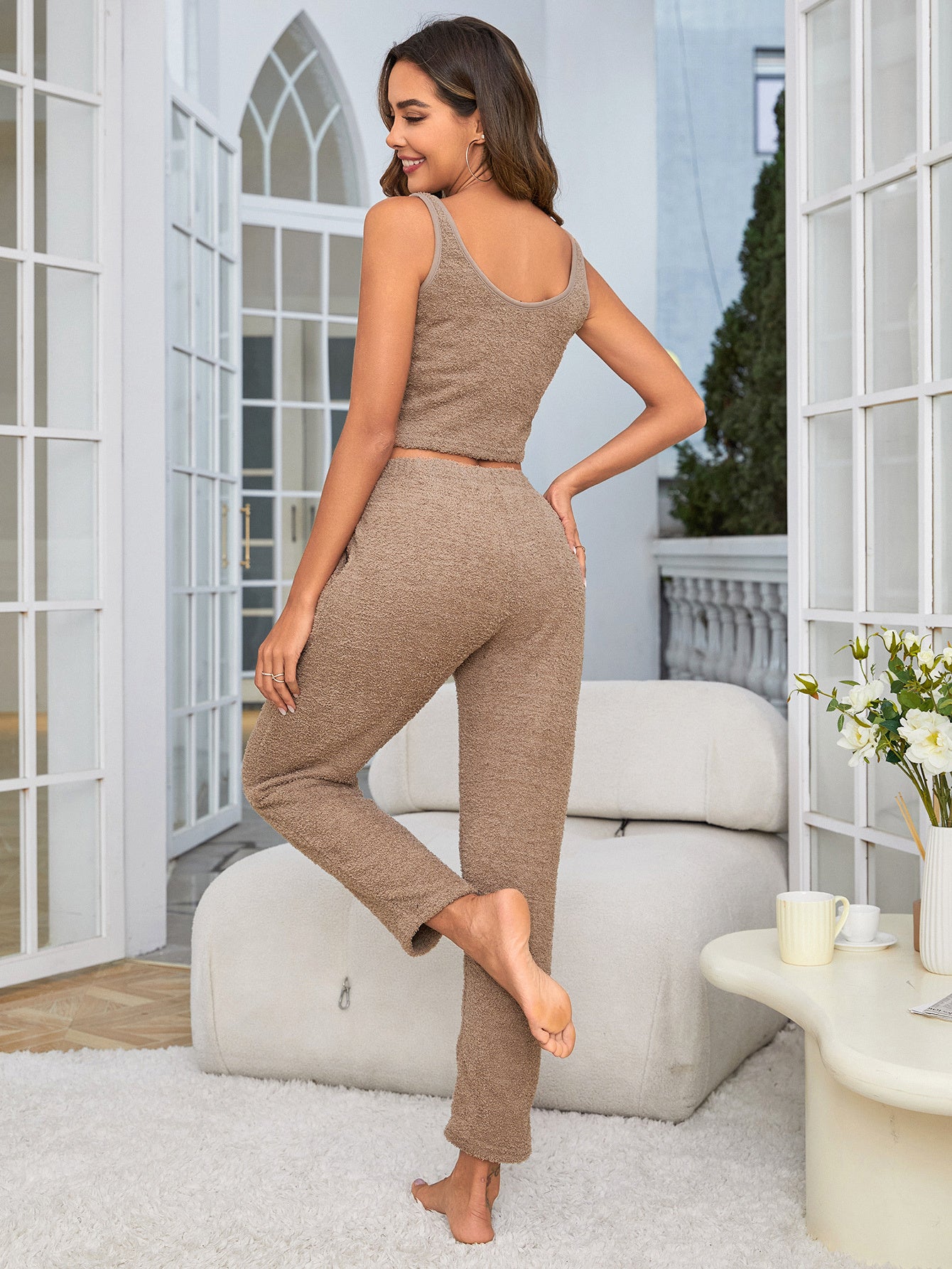 Women's Fuzzy 3 Piece Sweatsuit Open Front Cardigan Crop Tank Tops Wide Legs Pants Lounge Sets