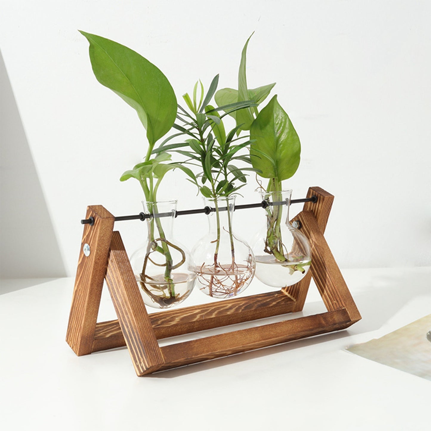 1Pc Desktop Glass Planter Bulb Plant Terrarium With Wooden Stand Air Planter Glass Vase Metal Swivel Plant Vase For Hydroponics