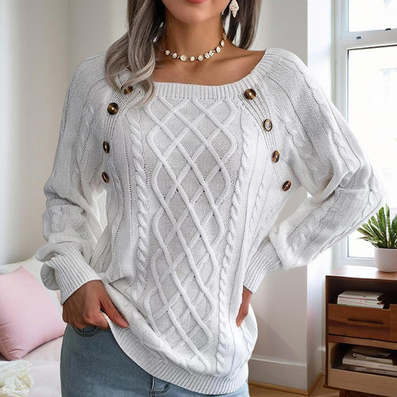 Women's Solid Color Casual Square Neck Button-Detail Knit Top - Textured Ribbed Pattern, Cozy Fall&Winter Sweater