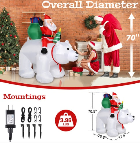6ft 15W 7pcs LED Lights Santa Claus Rides Polar Bear Garden Santa Claus Decoration