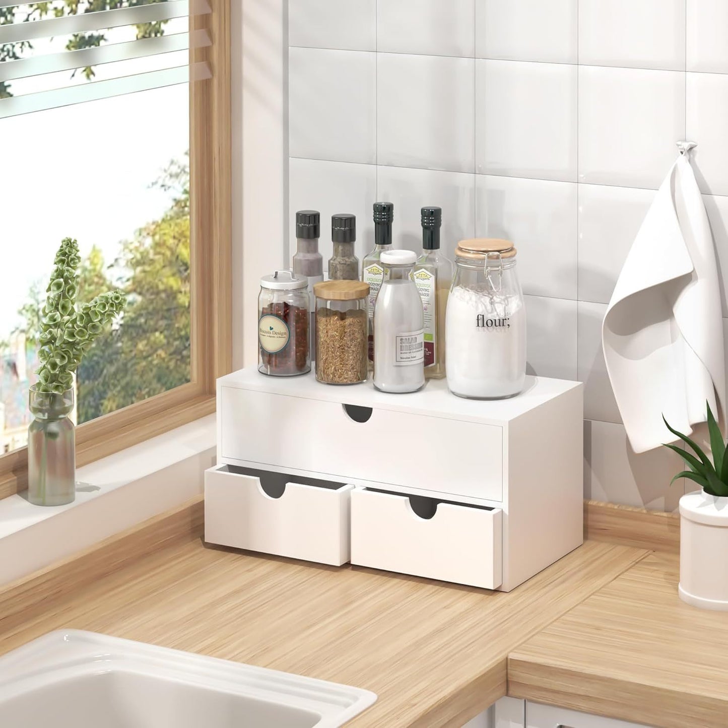 White Bamboo Desk Drawer Organizer For Home Office And Kitchen Supplies No Assembly Desktop Storage Box