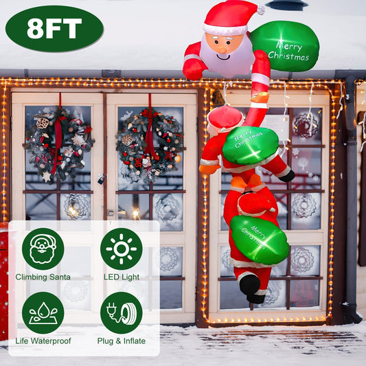 1Pc 8FT Climbing Inflatable Santa Claus With Light Hanging Blow Up Christmas Inflatable Indoor Outdoor Christmas Decorations 3 Santa Claus 3 Merry Christmas Boards