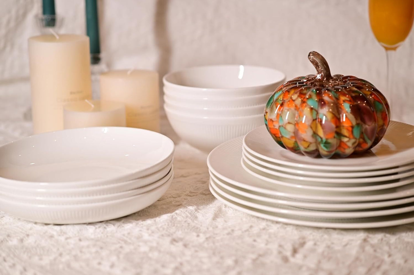 Dandilion Bone China Dinnerware Set, 16 Pieces, Service For 4, Plates, Dishes, Bowls Set, Microwave And Dishwasher Safe, Ivory White With Radial Lines