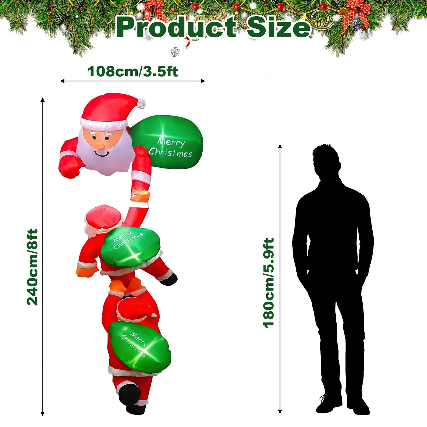 1Pc 8FT Climbing Inflatable Santa Claus With Light Hanging Blow Up Christmas Inflatable Indoor Outdoor Christmas Decorations 3 Santa Claus 3 Merry Christmas Boards