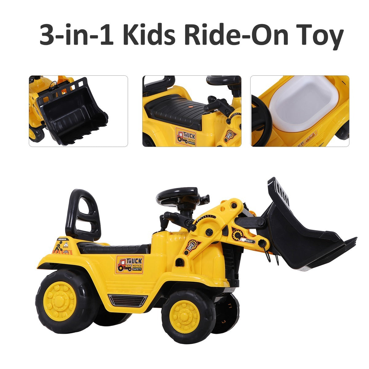 Kids Ride On Excavator Toy, Yellow Pull Cart Bulldozer With Bucket, Horn, Steering Wheel, For Toddler